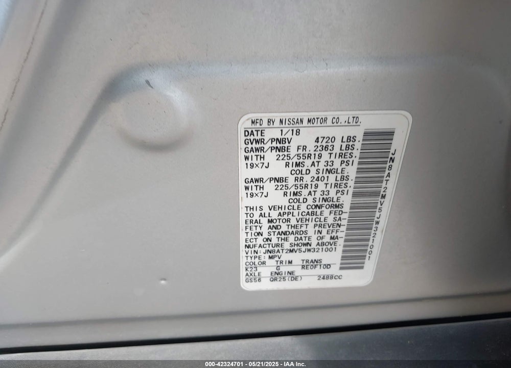 2018 NISSAN ROGUE VIN: JN8AT2MV5JW321001