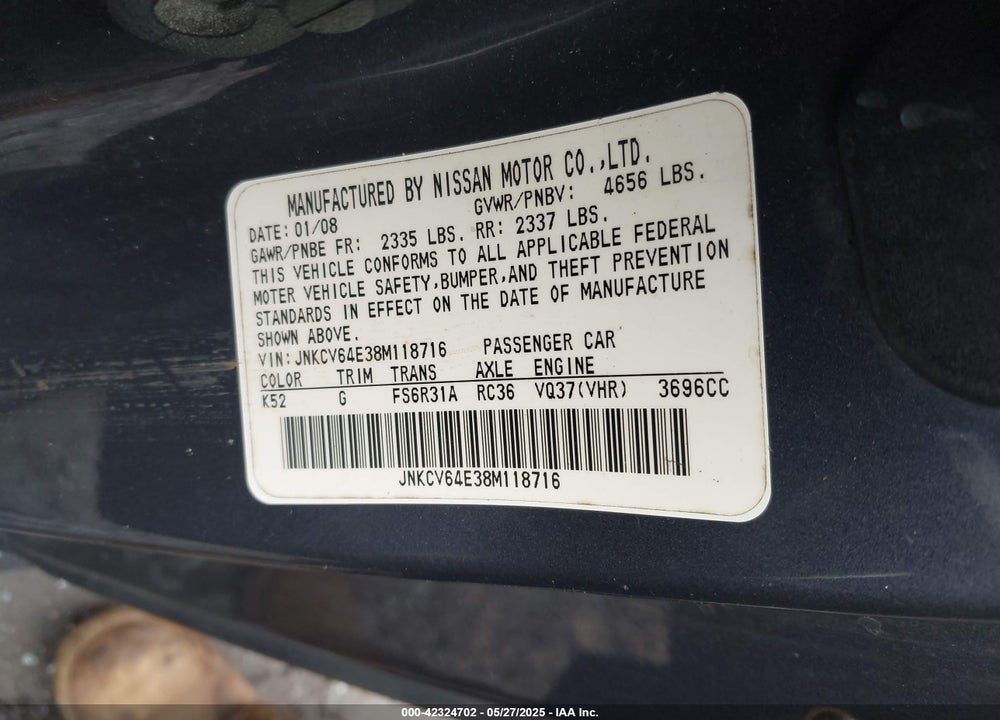 2008 INFINITI G37 VIN: JNKCV64E38M118716