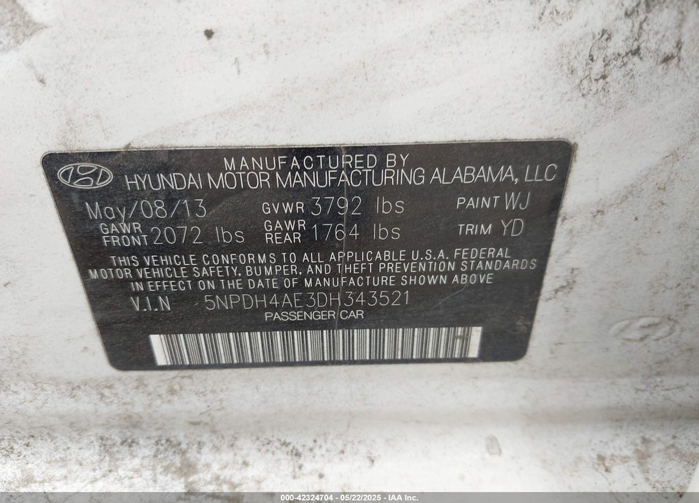 2013 HYUNDAI ELANTRA VIN: 5NPDH4AE3DH343521