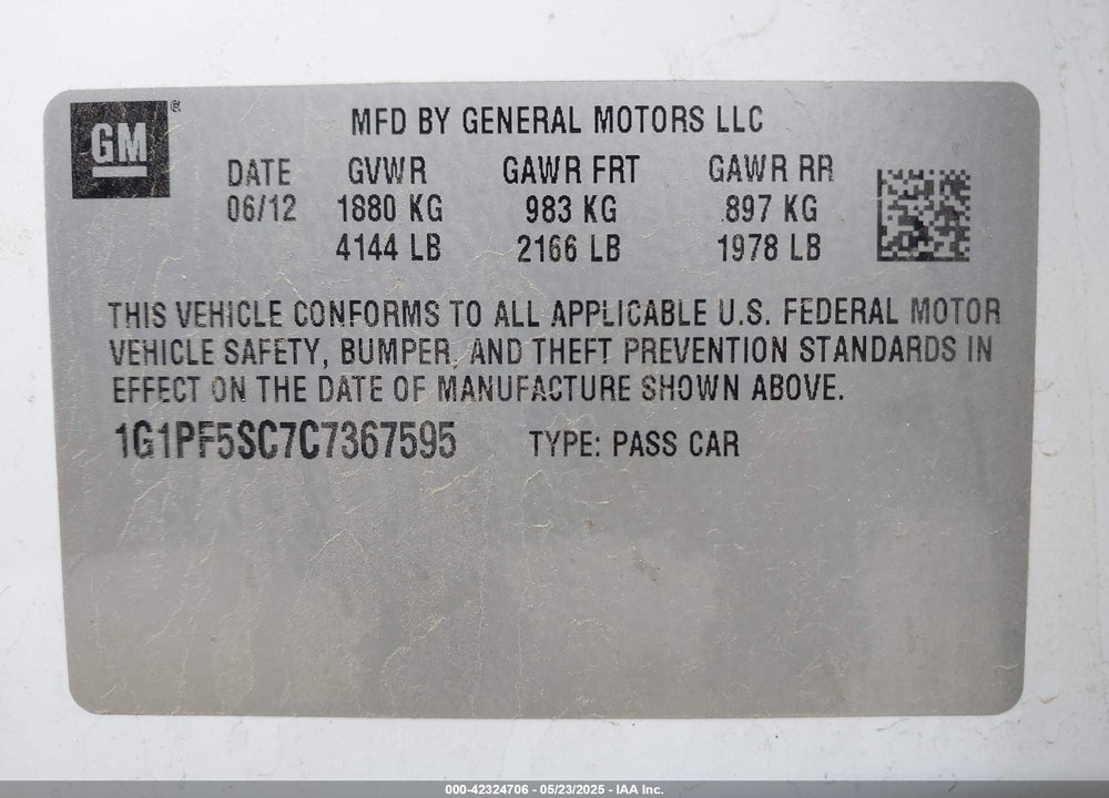 2012 CHEVROLET CRUZE VIN: 1G1PF5SC7C7367595