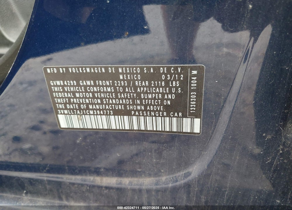 2012 VOLKSWAGEN JETTA VIN: 3VWLL7AJ1CM394773
