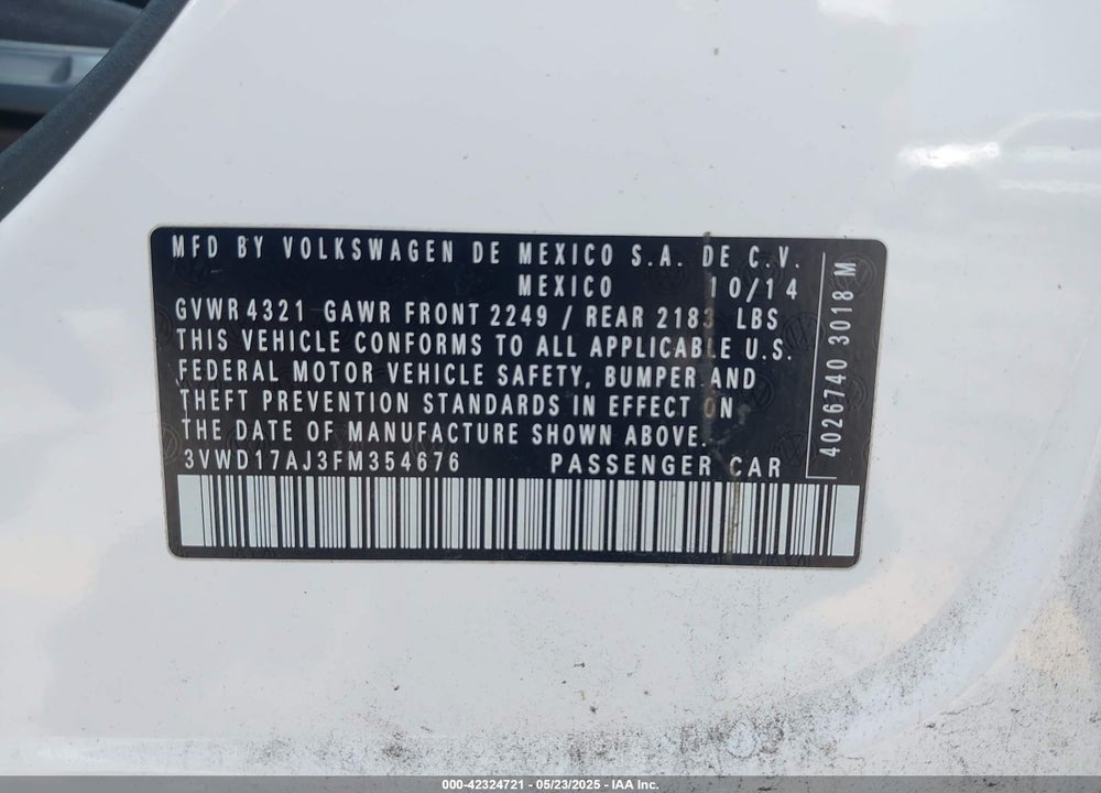 2015 VOLKSWAGEN JETTA VIN: 3VWD17AJ3FM354676