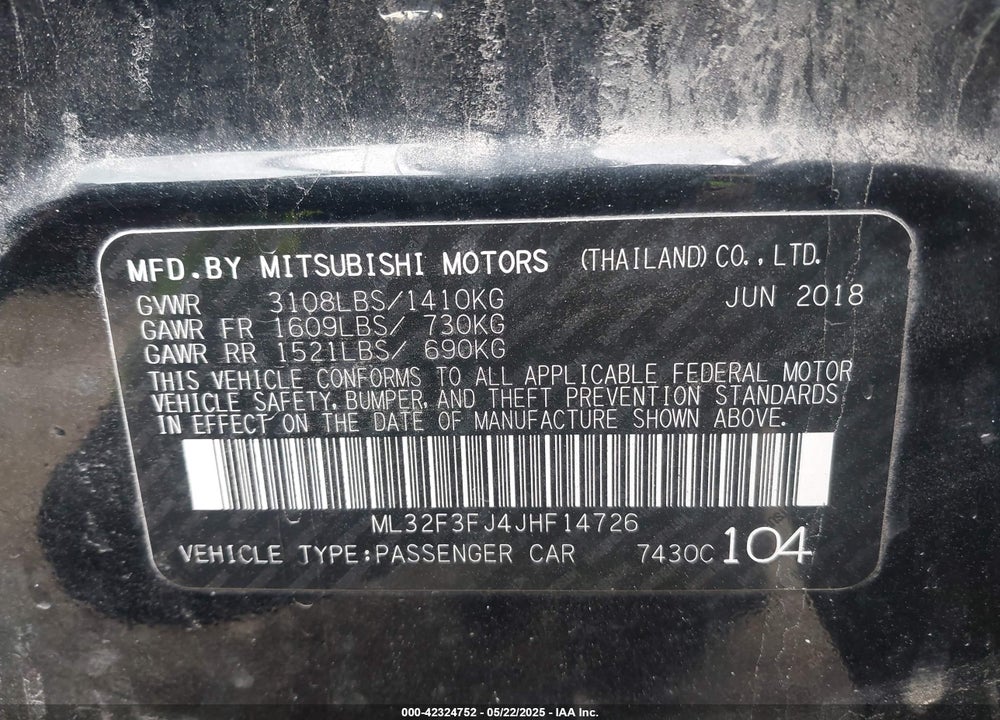 2018 MITSUBISHI MIRAGE G4 VIN: ML32F3FJ4JHF14726