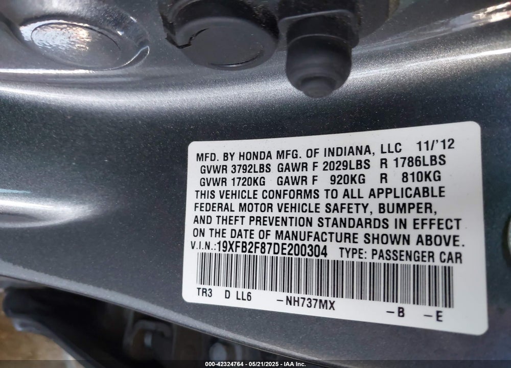 2013 HONDA CIVIC VIN: 19XFB2F87DE200304