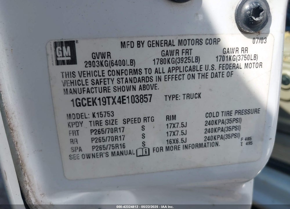 2004 CHEVROLET SILVERADO 1500 Z71 VIN: 1GCEK19TX4E103857