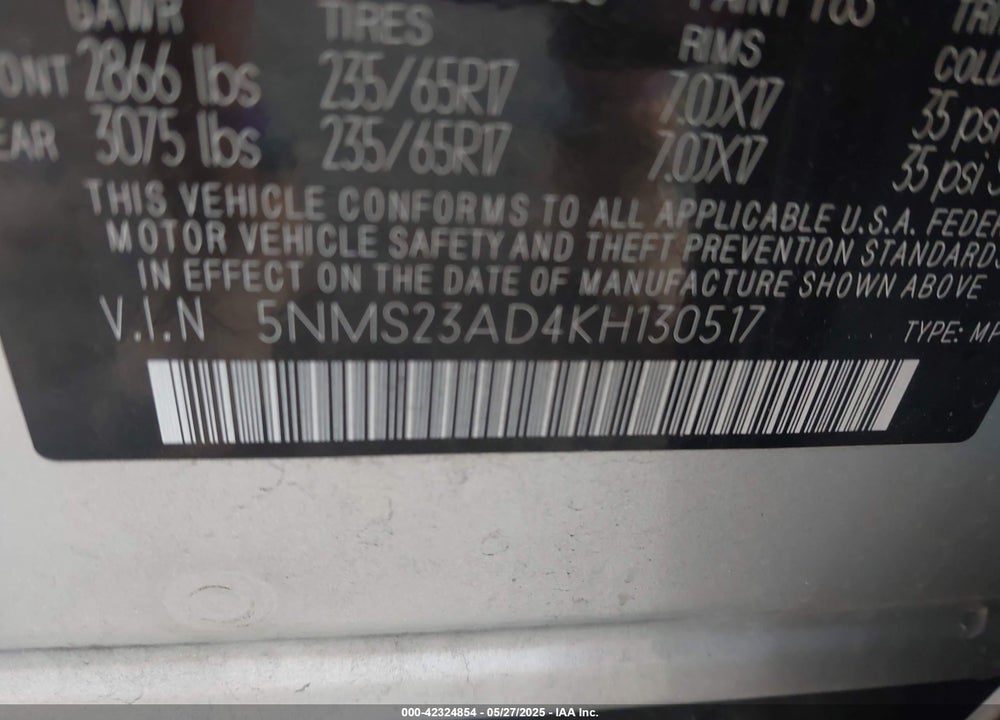 2019 HYUNDAI SANTA FE VIN: 5NMS23AD4KH130517