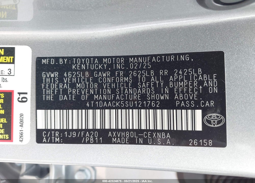 2025 TOYOTA CAMRY VIN: 4T1DAACK5SU121762