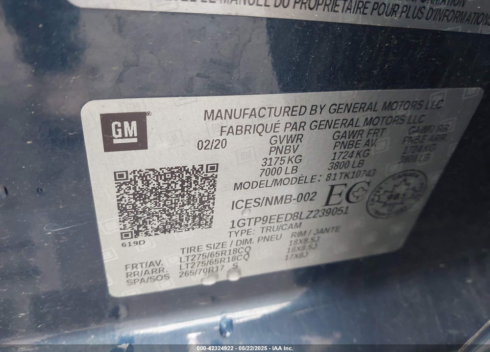 2020 GMC SIERRA 1500 VIN: 1GTP9EED8LZ239051