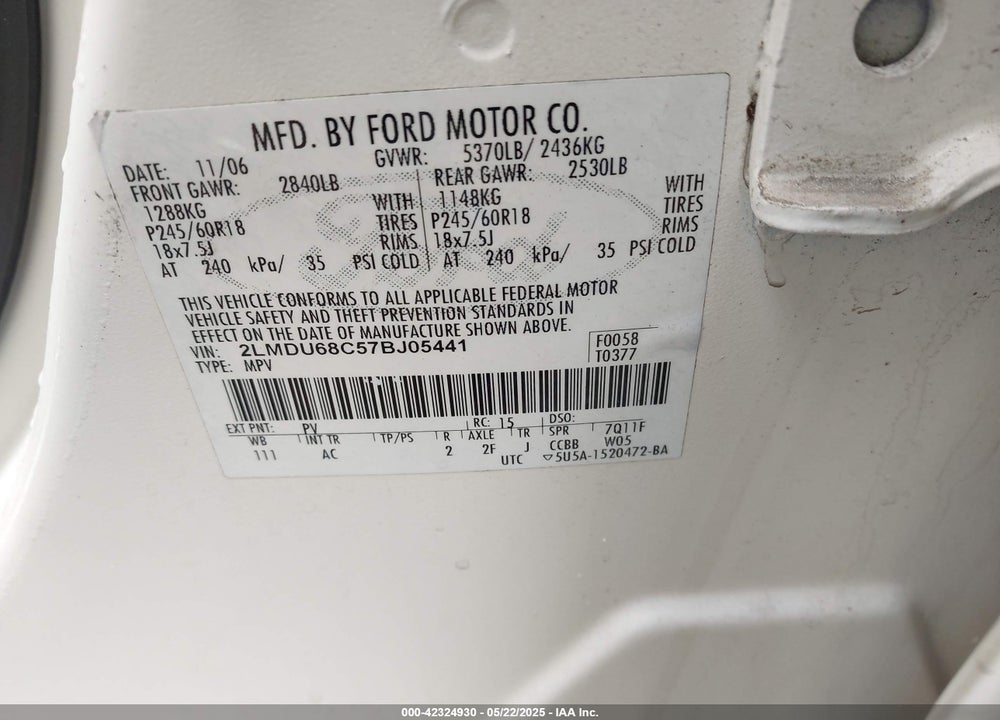 2007 LINCOLN MKX VIN: 2LMDU68C57BJ05441