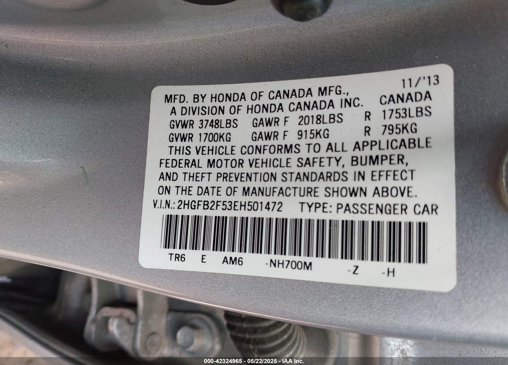 2014 HONDA CIVIC VIN: 2HGFB2F53EH501472