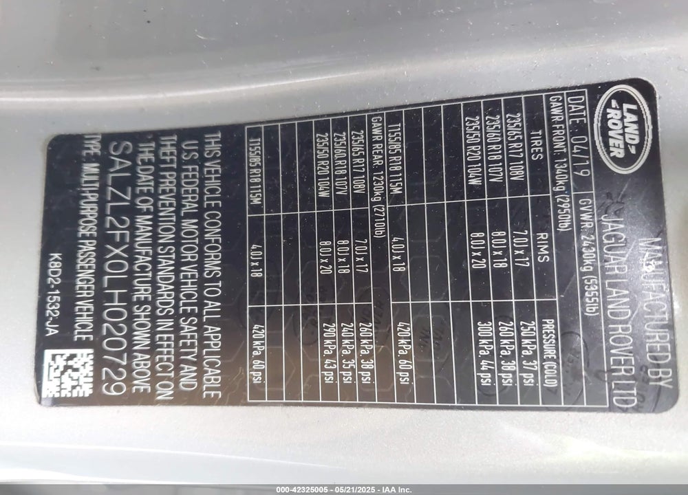 2020 LAND ROVER RANGE ROVER EVOQUE VIN: SALZL2FX0LH020729