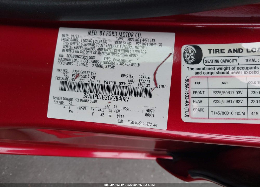 2012 FORD FUSION SEL VIN: 3FAHP0JG2CR284087
