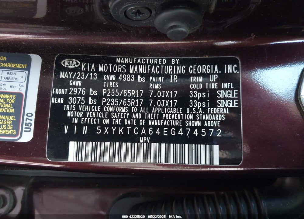 2014 KIA SORENTO VIN: 5XYKTCA64EG474572