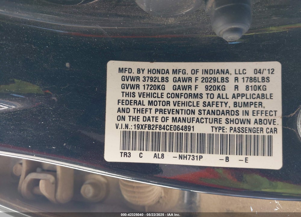 2012 HONDA CIVIC VIN: 19XFB2F84CE064891