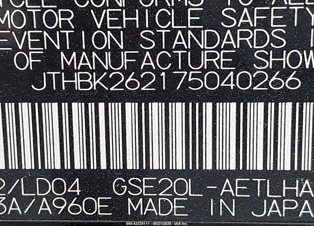 2007 LEXUS IS 250 VIN: JTHBK262175040266
