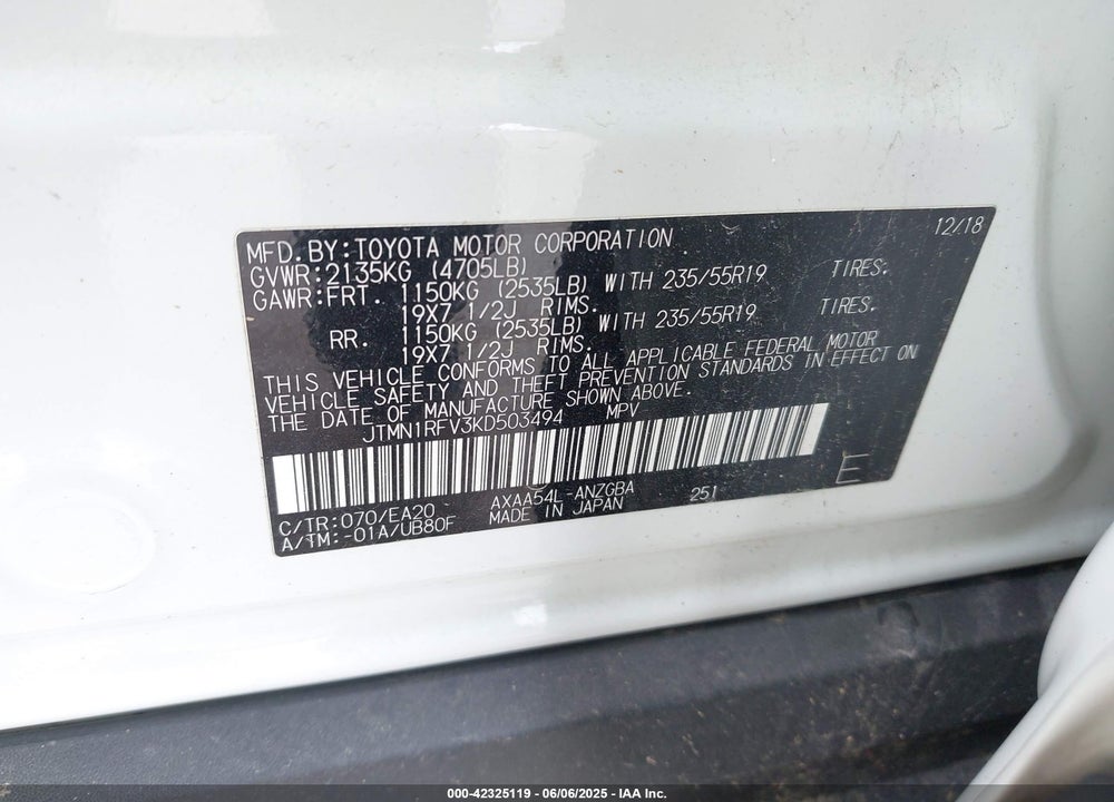 2019 TOYOTA RAV4 VIN: JTMN1RFV3KD503494