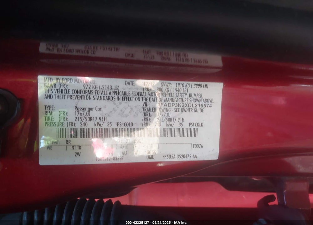 2013 FORD FOCUS VIN: 1FADP3K2XDL216574