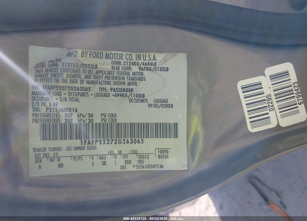 2002 FORD TAURUS SES VIN: 1FAFP55272G263065