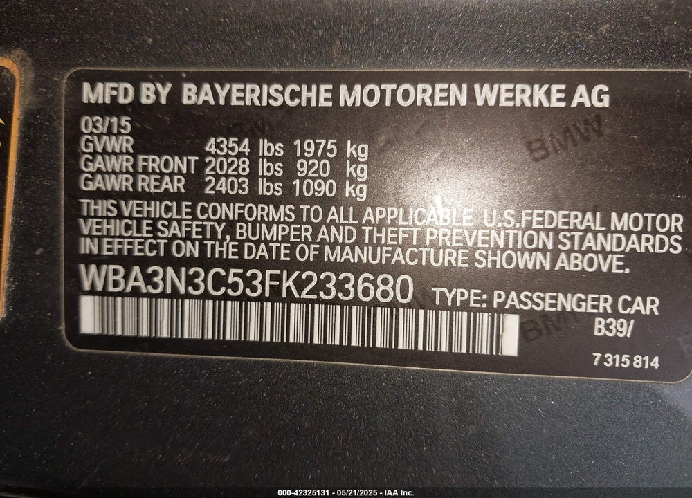 2015 BMW 4 SERIES VIN: WBA3N3C53FK233680
