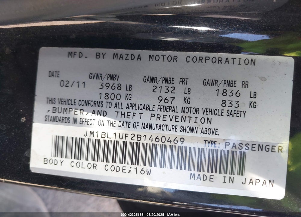 2011 MAZDA MAZDA3 VIN: JM1BL1UF2B1460469