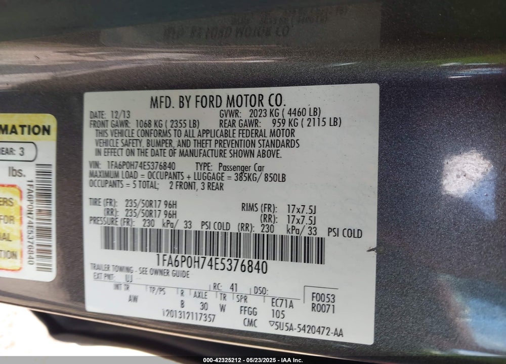 2014 FORD FUSION SE VIN: 1FA6P0H74E5376840