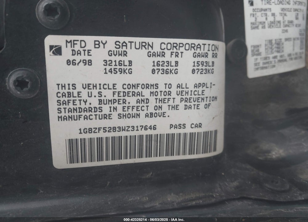 1998 SATURN SL VIN: 1G8ZF5283WZ317646