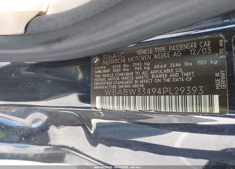 2004 BMW 325CI VIN: WBABW33494PL29393