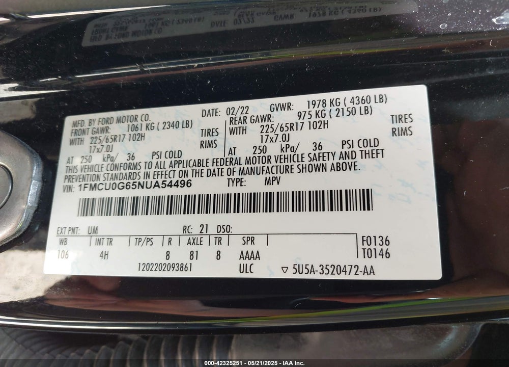 2022 FORD ESCAPE VIN: 1FMCU0G65NUA54496