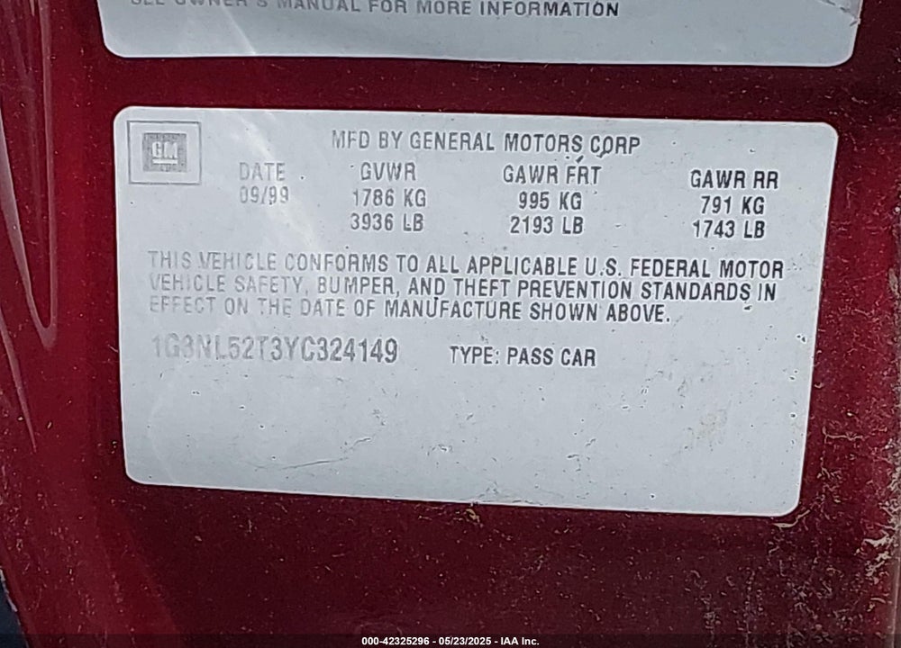 2000 OLDSMOBILE ALERO GL2 VIN: 1G3NL52T3YC324149