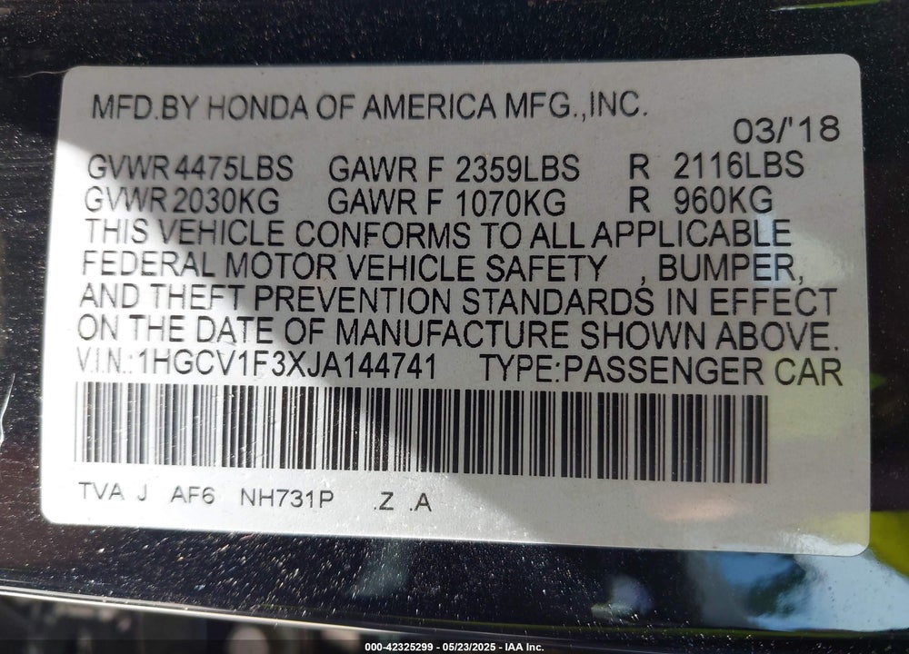 2018 HONDA ACCORD VIN: 1HGCV1F3XJA144741