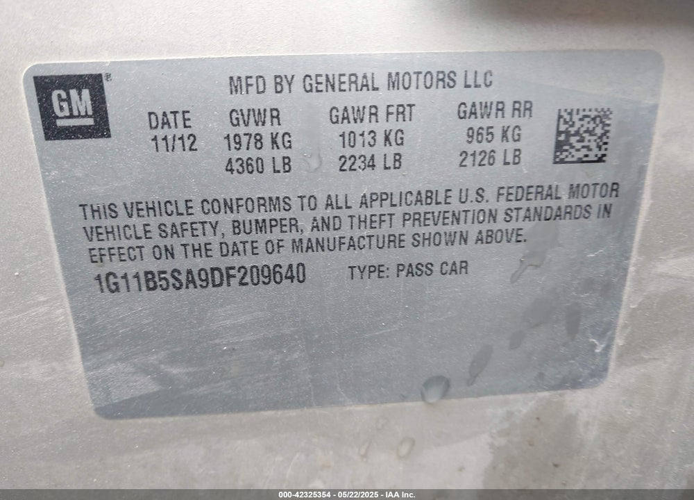 2013 CHEVROLET MALIBU VIN: 1G11B5SA9DF209640
