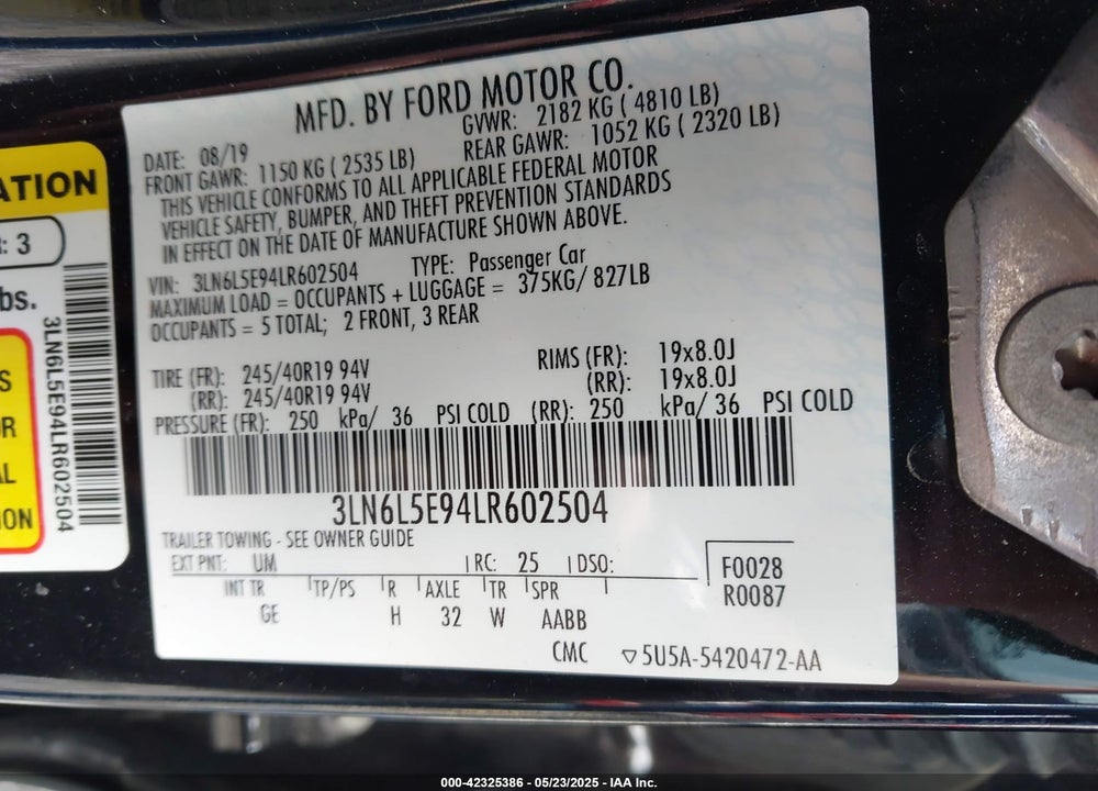 2020 LINCOLN MKZ RESERVE VIN: 3LN6L5E94LR602504