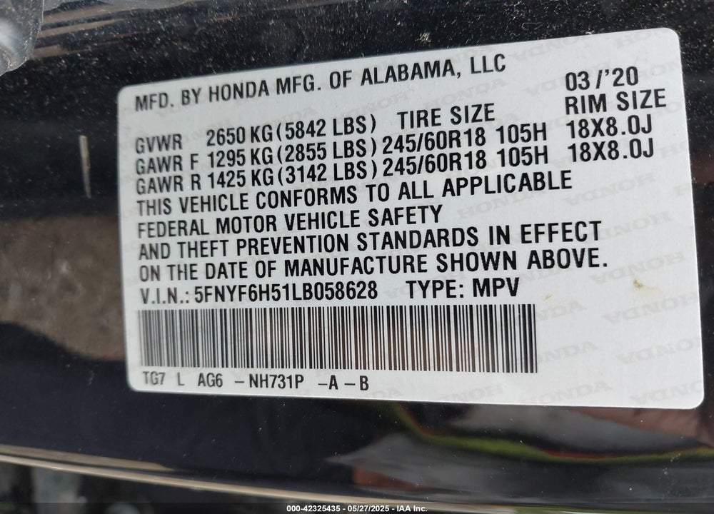 2020 HONDA PILOT AWD EX-L VIN: 5FNYF6H51LB058628