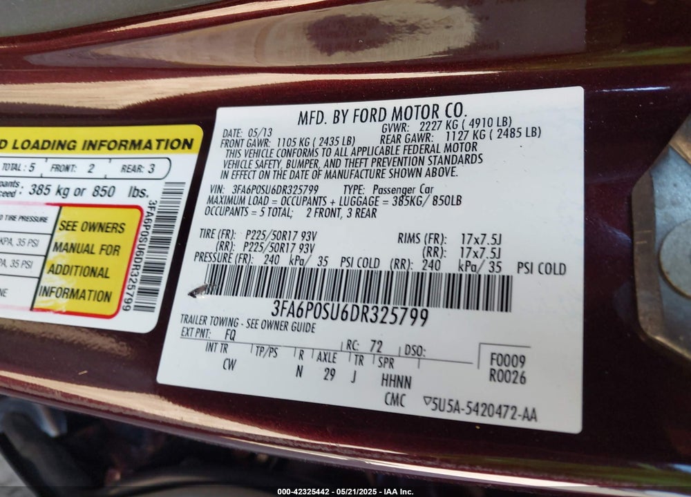 2013 FORD FUSION ENERGI TITANIUM VIN: 3FA6P0SU6DR325799