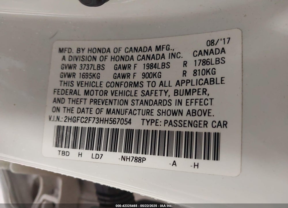 2017 HONDA CIVIC VIN: 2HGFC2F73HH567054