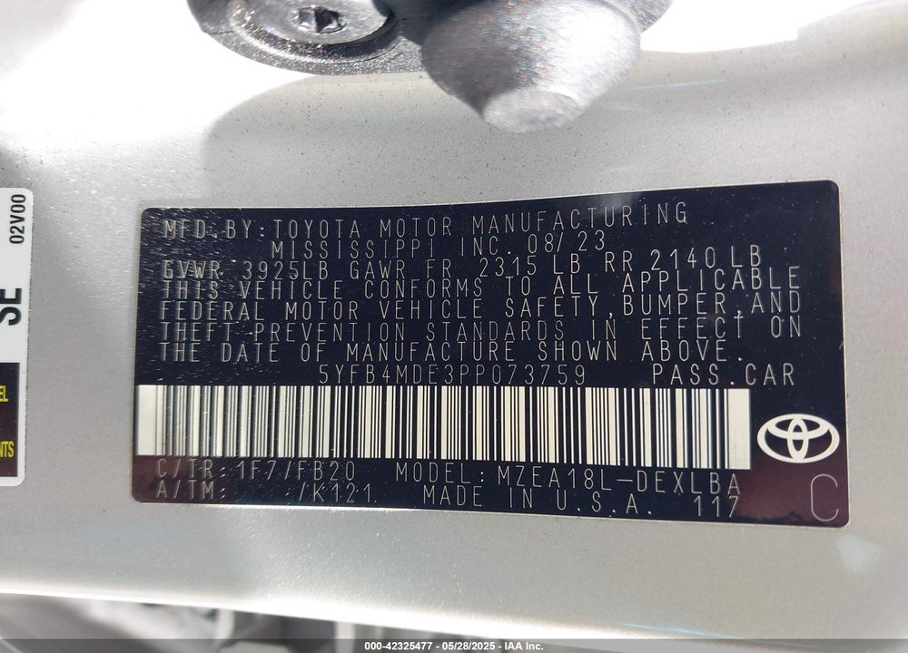 2023 TOYOTA COROLLA VIN: 5YFB4MDE3PP073759
