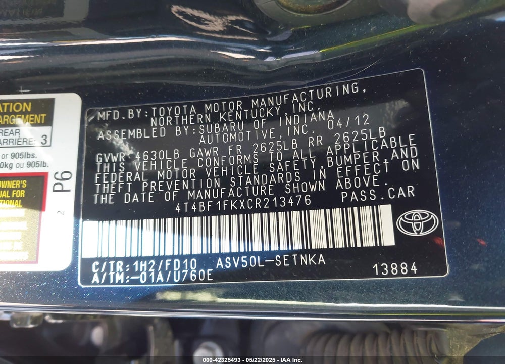 2012 TOYOTA CAMRY VIN: 4T4BF1FKXCR213476