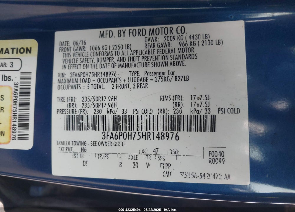 2017 FORD FUSION VIN: 3FA6P0H75HR148976
