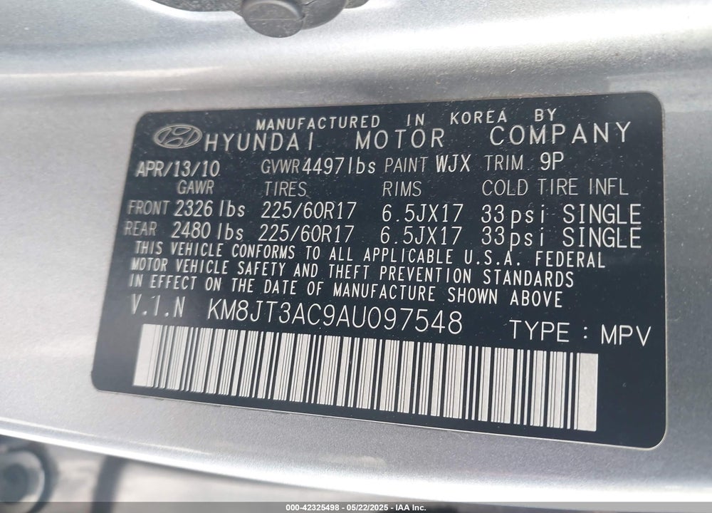 2010 HYUNDAI TUCSON VIN: KM8JT3AC9AU097548