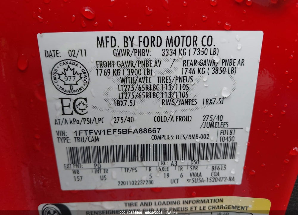 2011 FORD F-150 VIN: 1FTFW1EF5BFA88667
