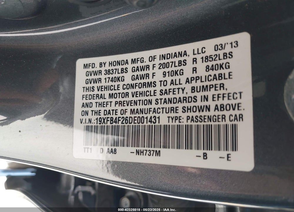 2013 HONDA CIVIC HYBRID VIN: 19XFB4F26DE001431