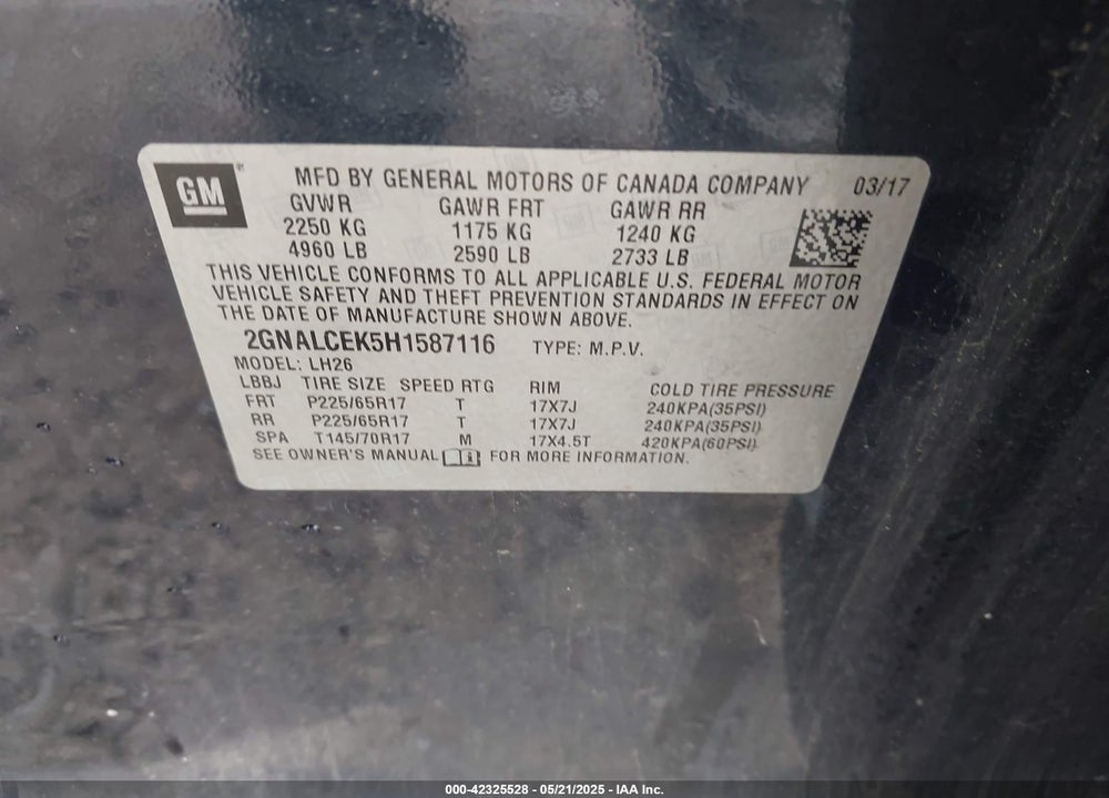 2017 CHEVROLET EQUINOX VIN: 2GNALCEK5H1587116