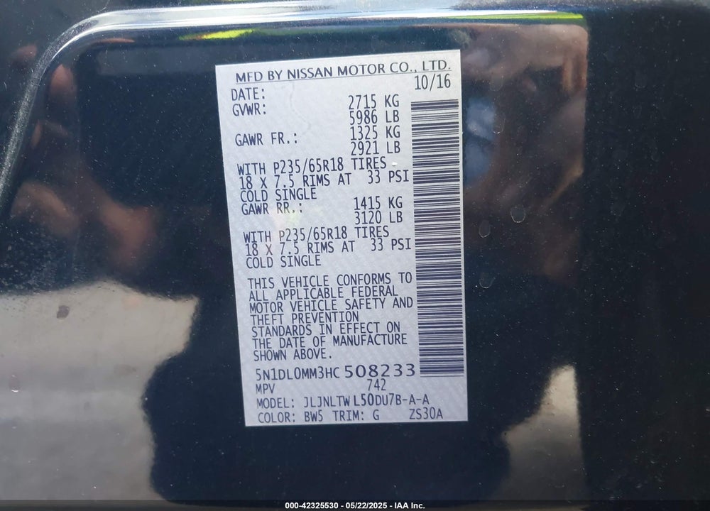 2017 INFINITI QX60 VIN: 5N1DL0MM3HC508233