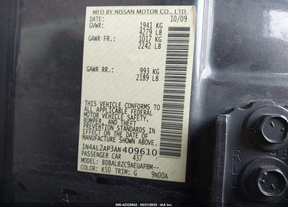 2010 NISSAN ALTIMA VIN: 1N4AL2AP3AN409610