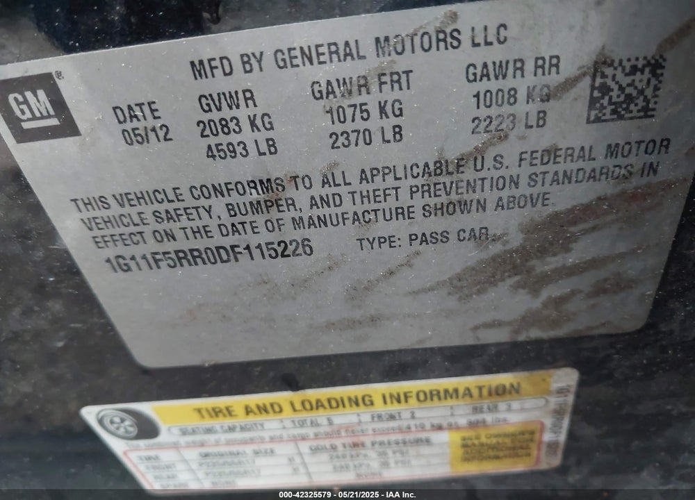 2013 CHEVROLET MALIBU VIN: 1G11F5RR0DF115226