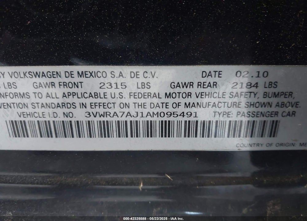 2010 VOLKSWAGEN JETTA VIN: 3VWRA7AJ1AM095491