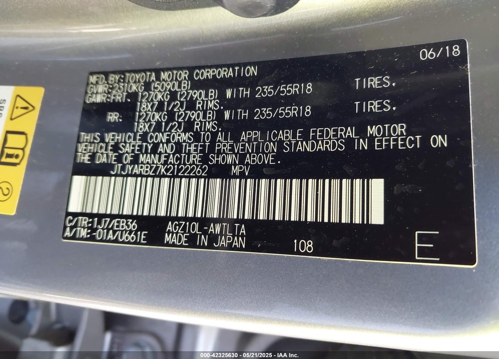 2019 LEXUS NX VIN: JTJYARBZ7K2122262