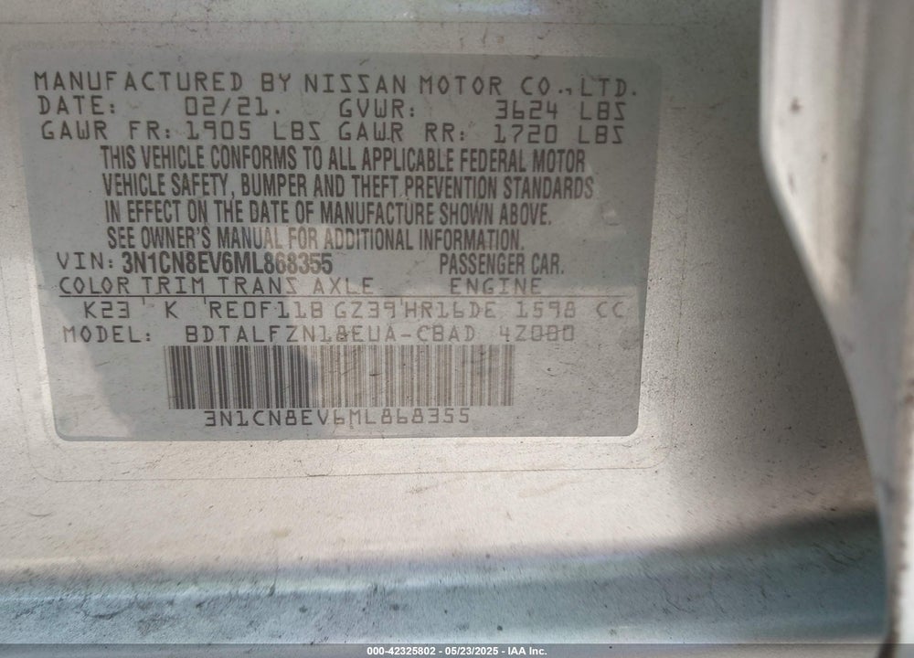 2021 NISSAN VERSA VIN: 3N1CN8EV6ML868355