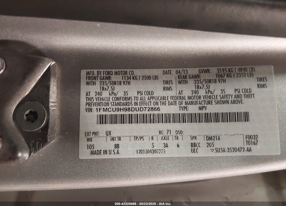 2013 FORD ESCAPE SEL VIN: 1FMCU9H98DUD72866