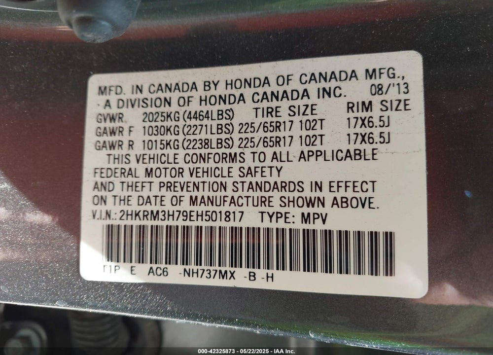 2014 HONDA CR-V EX-L VIN: 2HKRM3H79EH501817